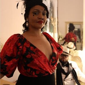 Carmen Marc Valvo Red and Black Organza Beaded Gown